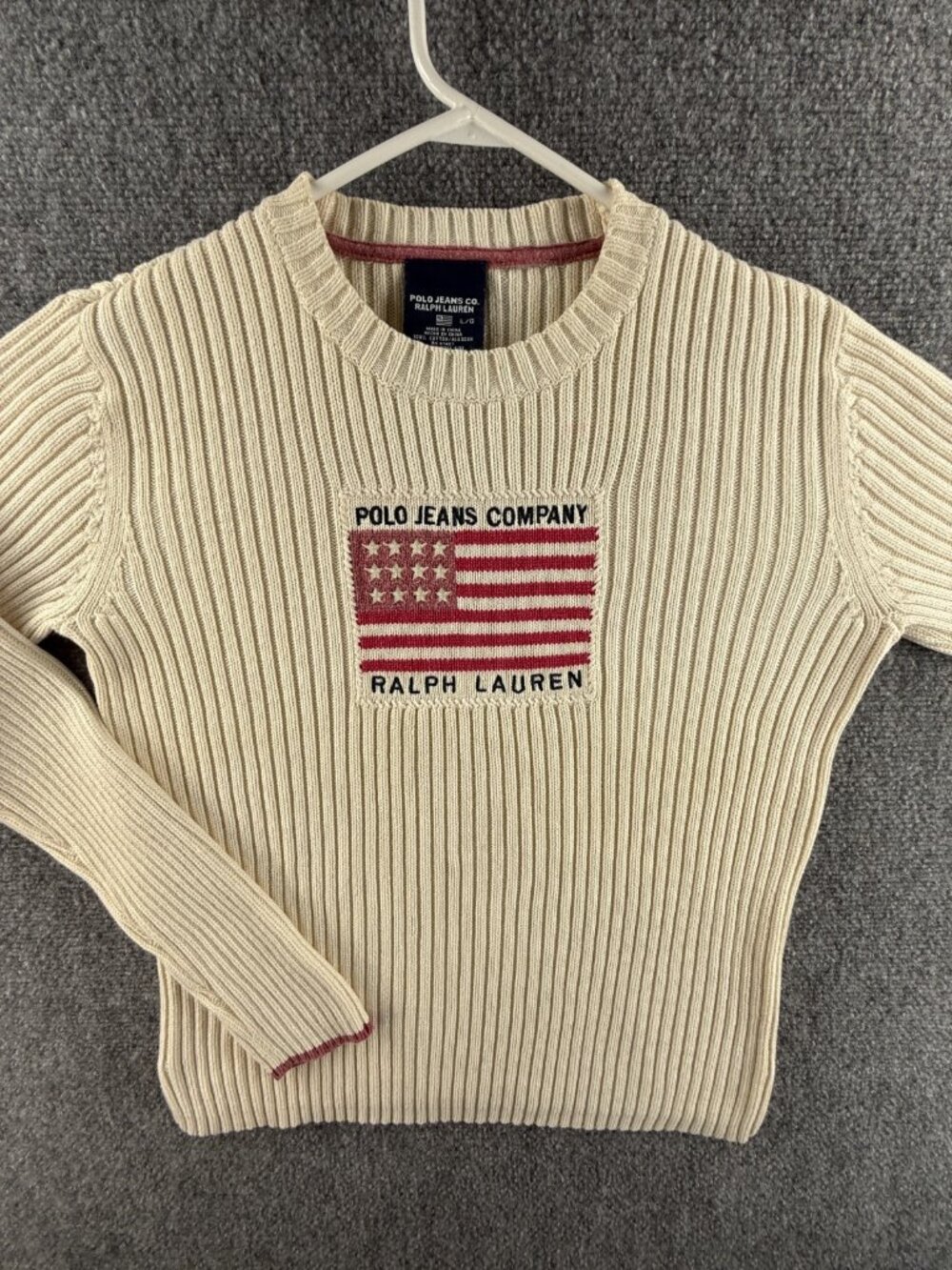 Ralph Lauren Polo Jeans Women Flag Sweater Ribbed Ivory Large Cotton Embroidery